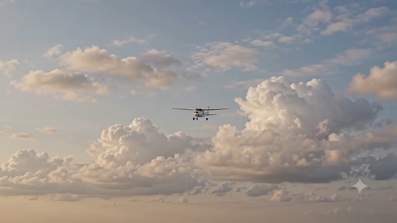 Cessna in flight above the clouds